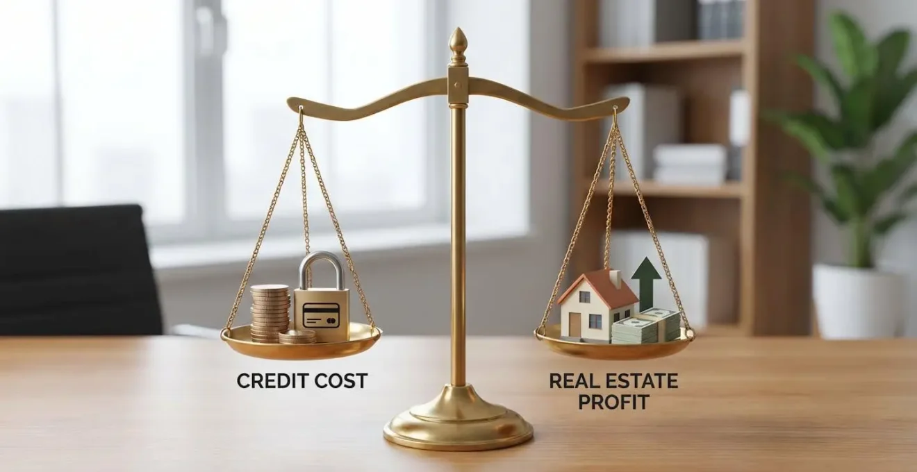 Une balance symbolisant l'équilibre entre coût du crédit et rentabilité d'un bien immobilier, dans un décor sobre et professionnel.