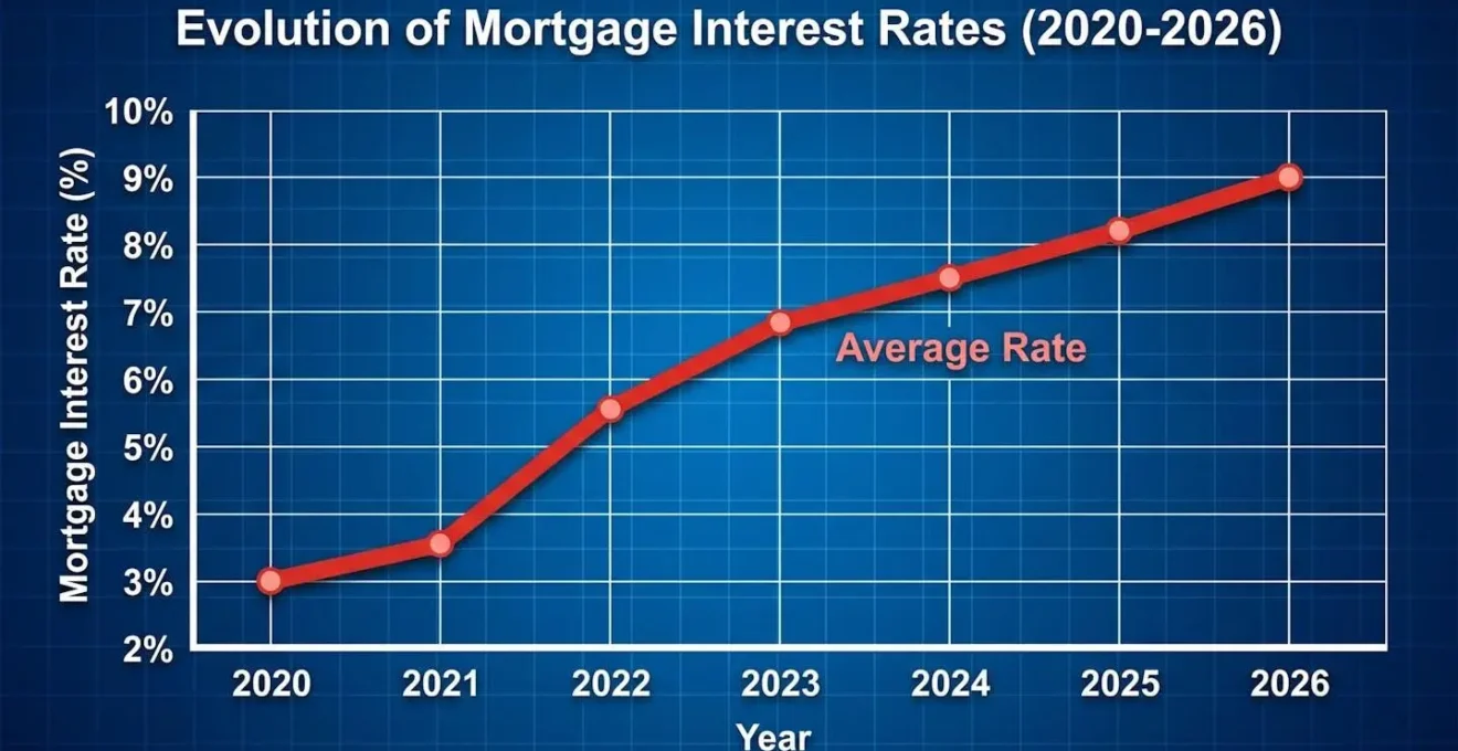 Graphique illustrant l'évolution des taux d'intérêt immobilier entre 2020 et 2026 avec une courbe ascendante claire.