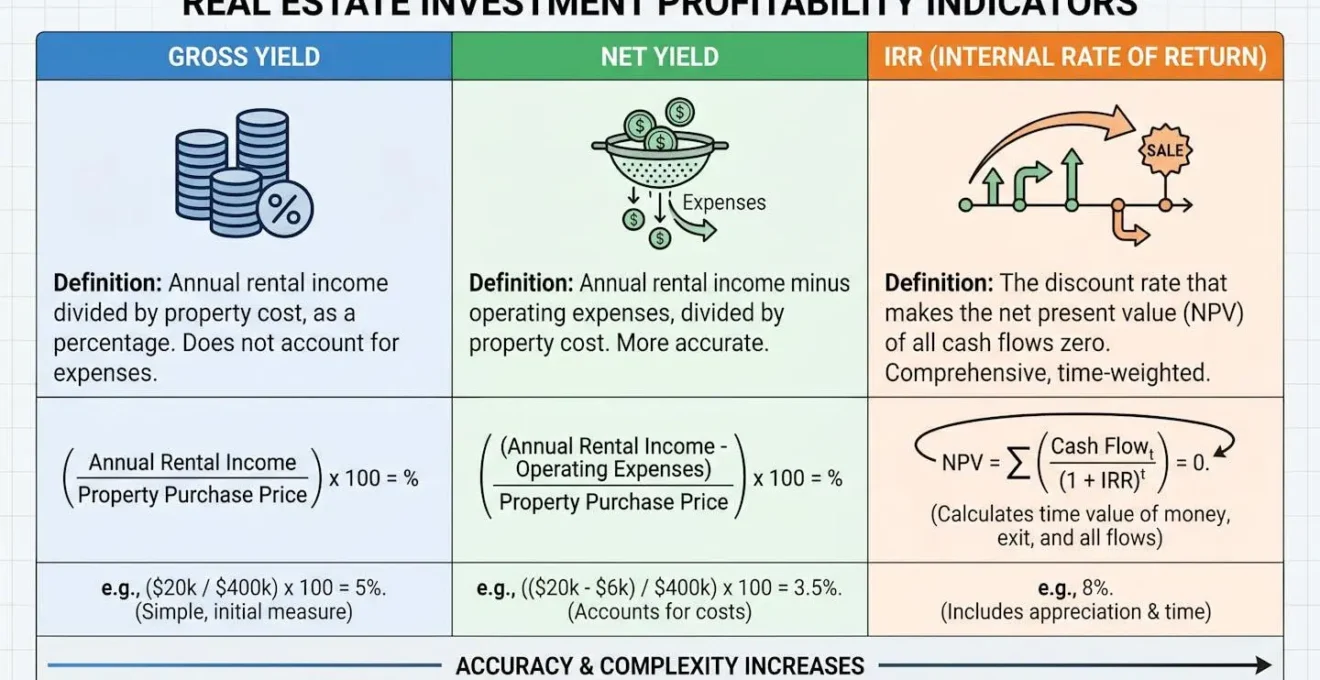 Tableau ou schéma montrant les différents indicateurs de rentabilité d'un investissement immobilier (rendement brut, net, TRI).