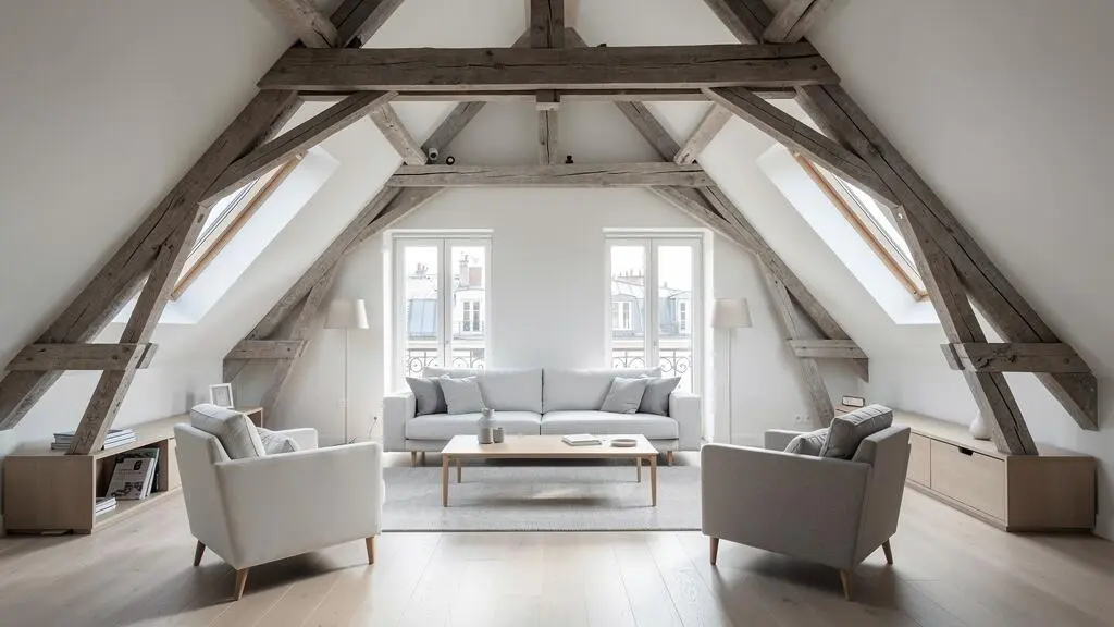 Intérieur lumineux d'un appartement au dernier étage avec plafond mansardé et lumière naturelle abondante