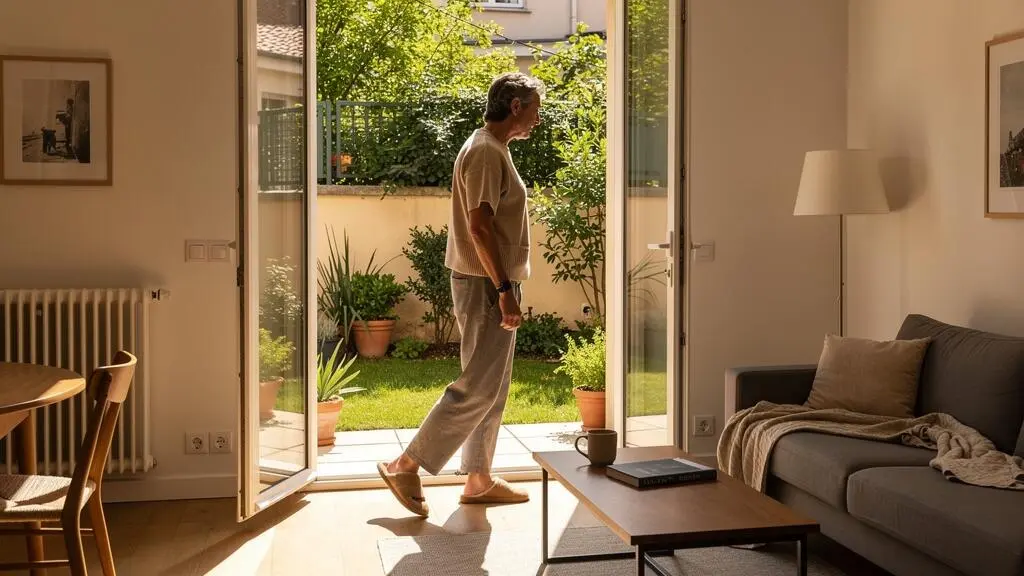 Vue intérieure d'un appartement en rez-de-chaussée avec accès direct à un jardin privatif