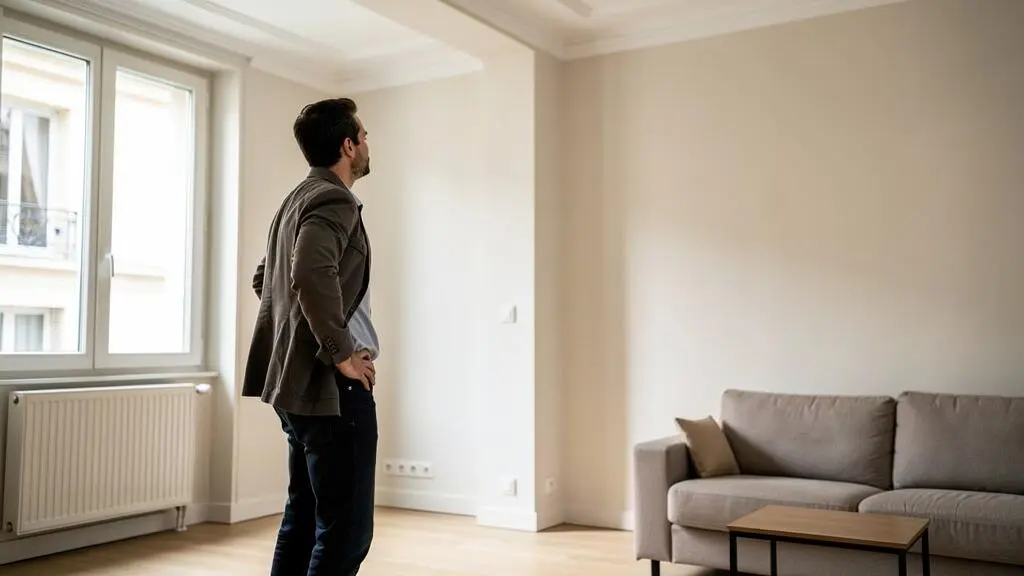 Personne examinant attentivement les caractéristiques d'un appartement lors d'une visite immobilière